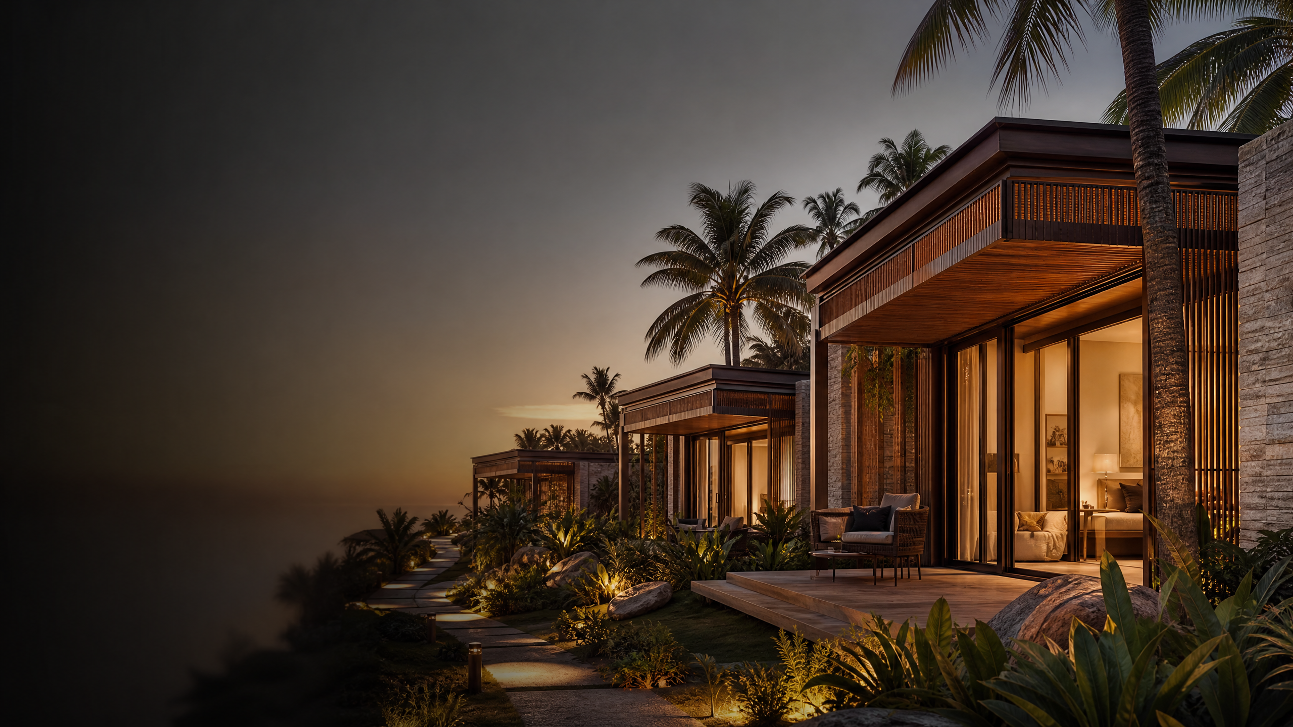 Conceptual illustration of luxury modular resort villas in a tropical setting